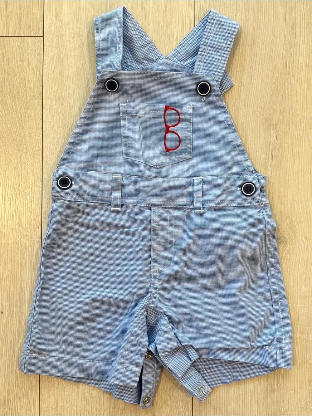 Andy & Evan Light Blue Seersucker Short Overalls with Red Embroidery